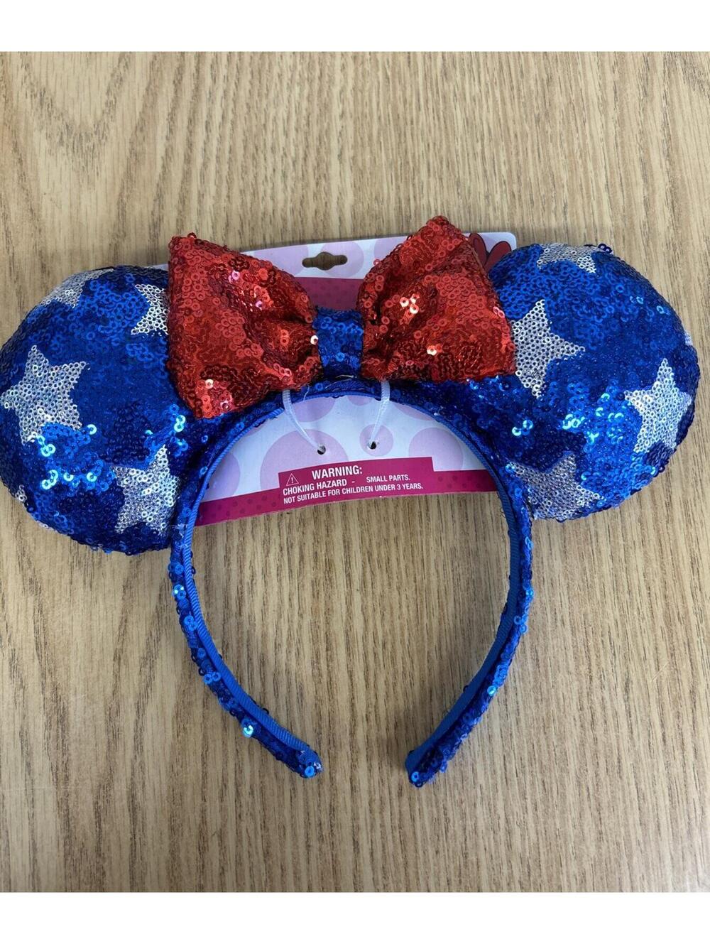 Disneys Minnie Mouse Sequined Headband. Blue With Silver Stars & Red Bow. NEW.